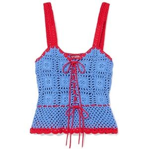 STAUD Shrimp cotton crochet peplum tank top in coastal blue red - XS NWT